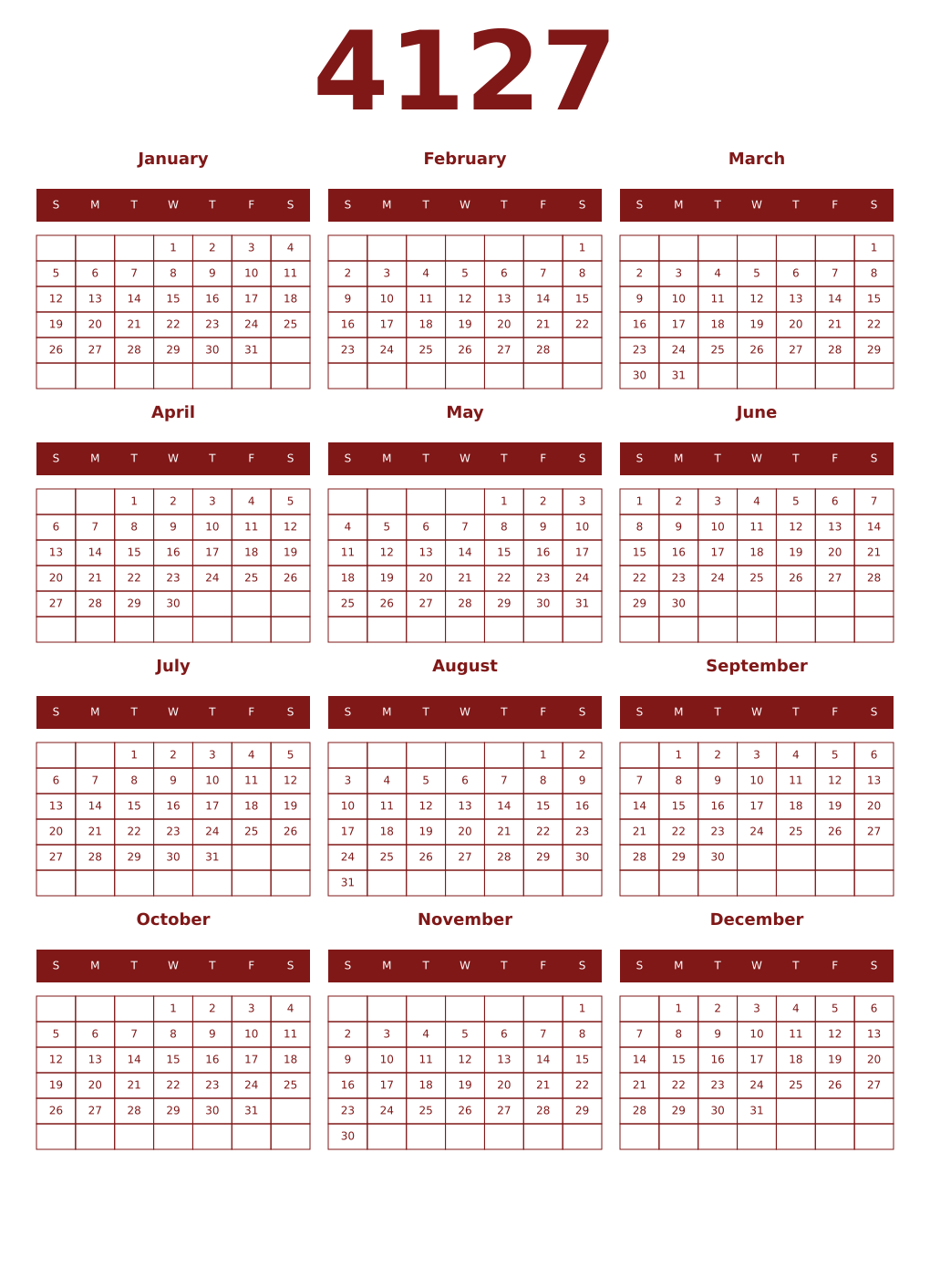 Printable 4127 Year Calendars falu