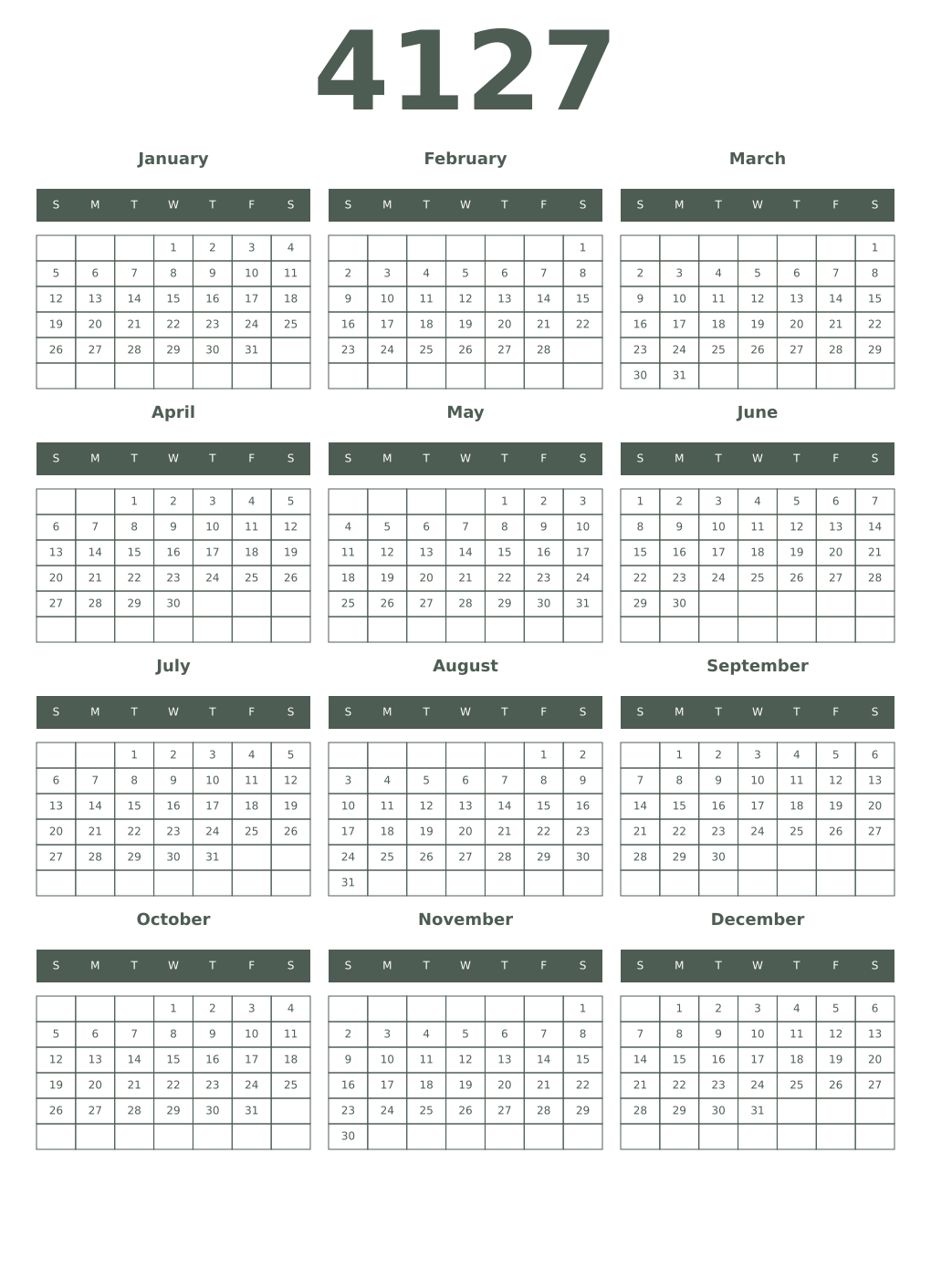 Printable 4127 Year Calendars feldgrau
