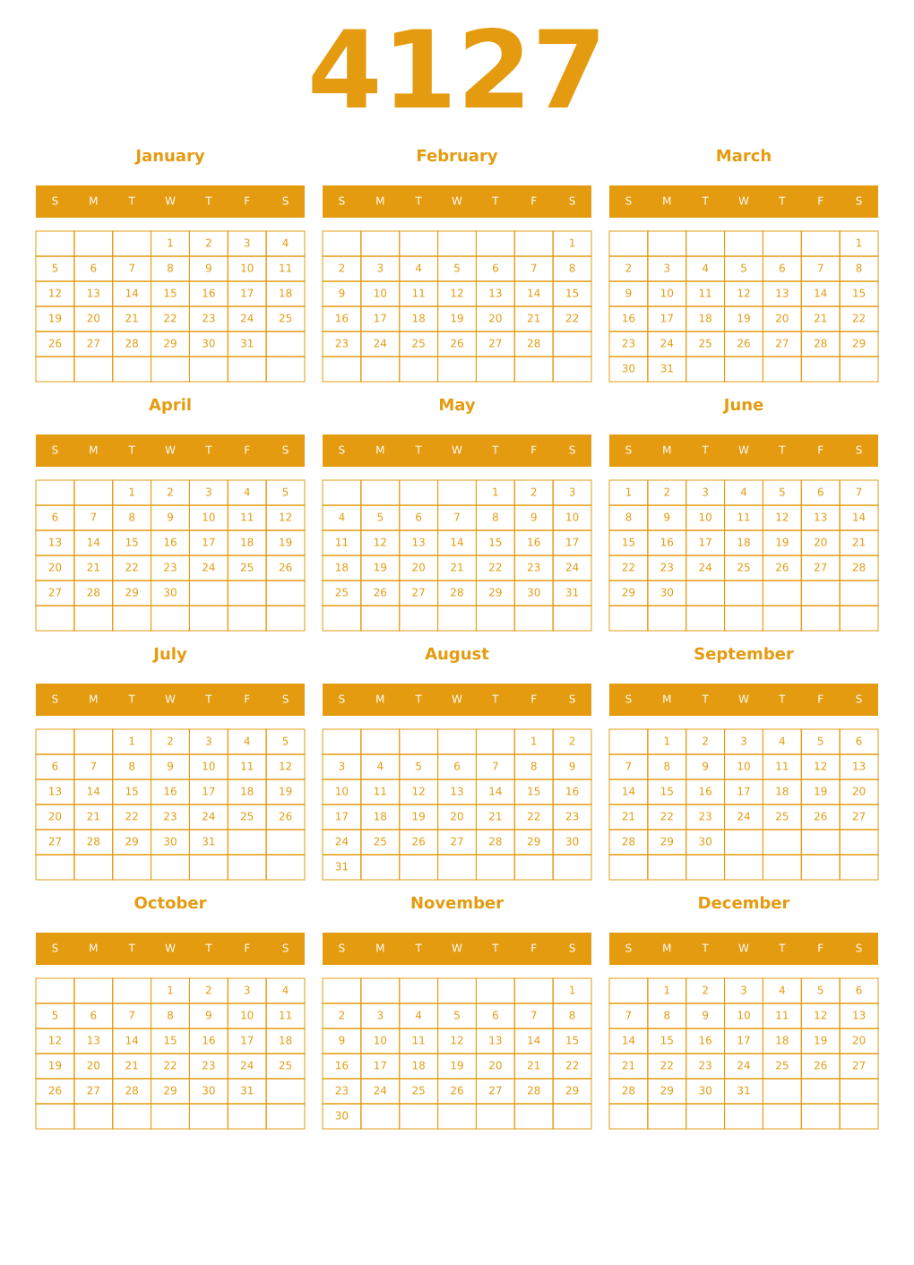 Printable 4127 Year Calendars gamboge