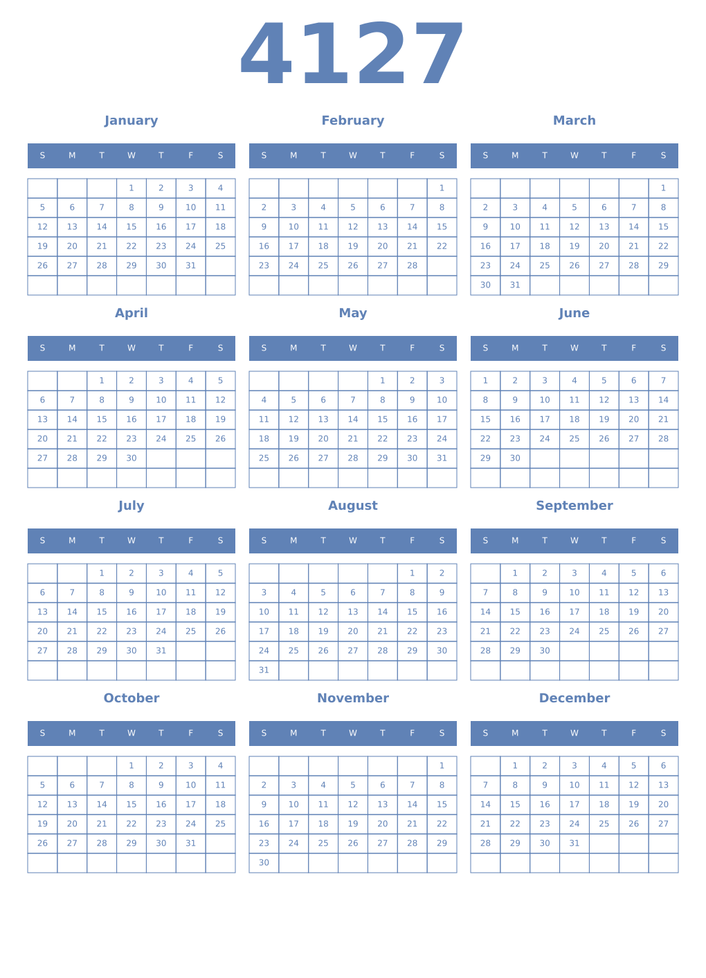 Printable 4127 Year Calendars glaucous