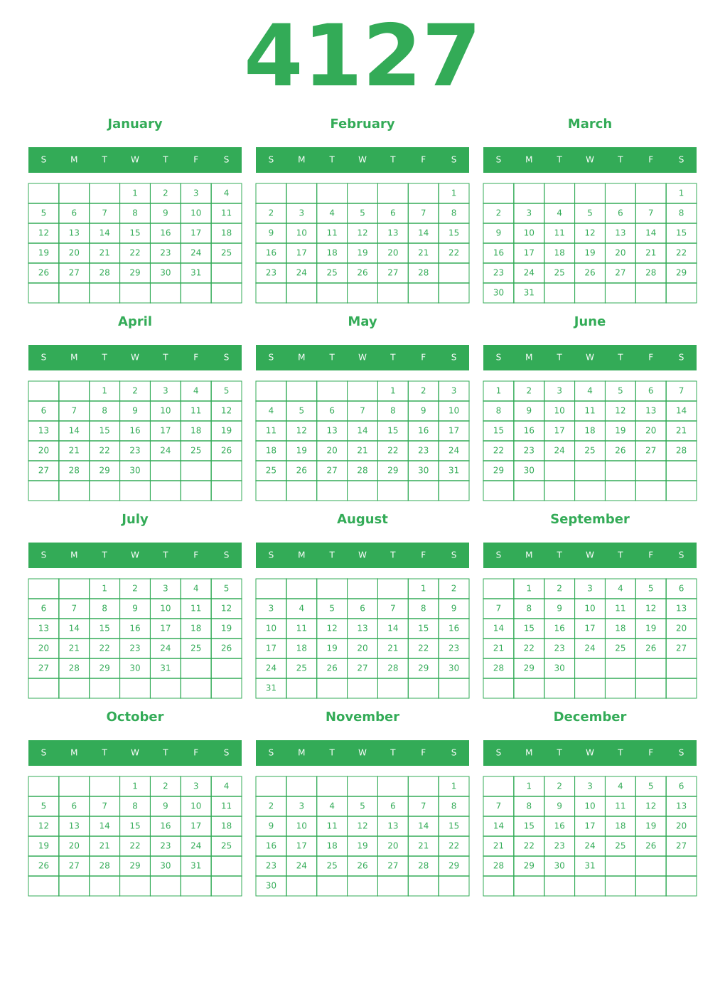Printable 4127 Year Calendars green
