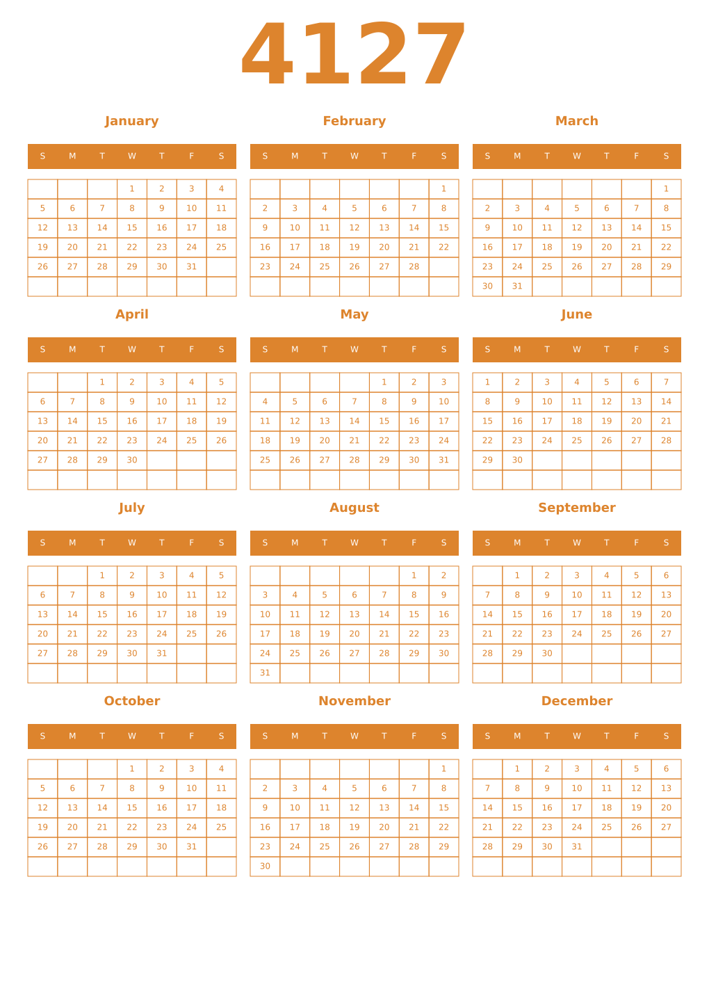 Printable 4127 Year Calendars orange