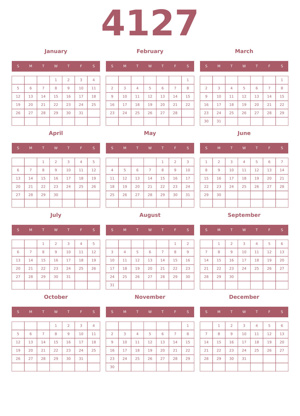 Printable 4127 Year Calendars puce