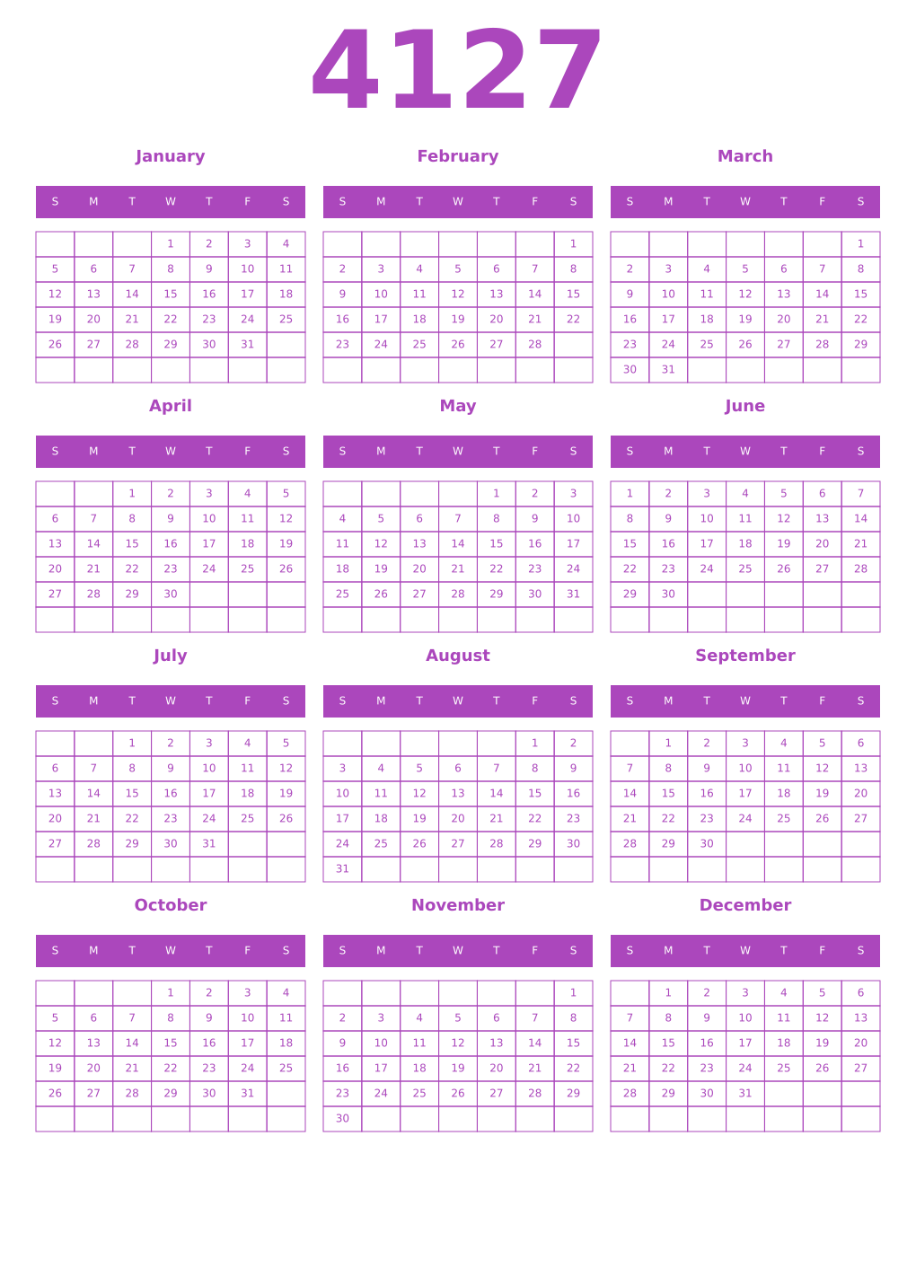 Printable 4127 Year Calendars purple