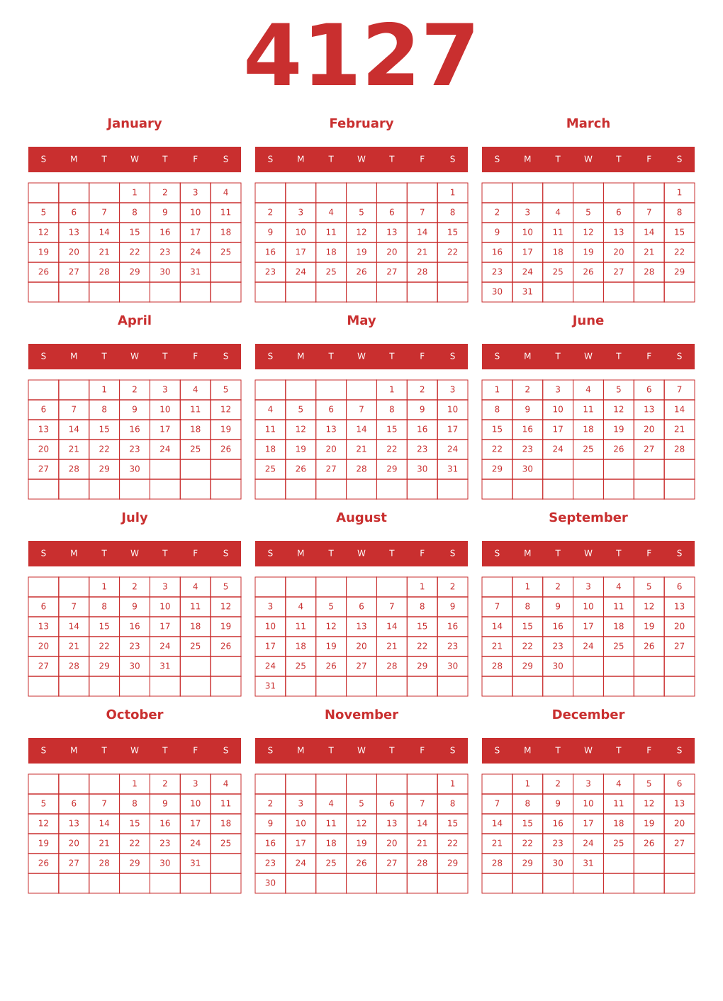 Printable 4127 Year Calendars red