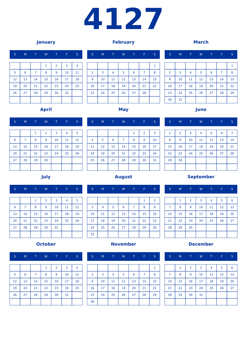 Printable 4127 Year Calendars smalt