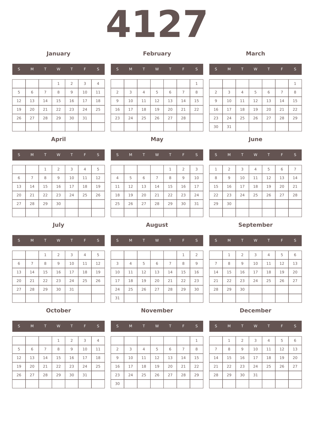 Printable 4127 Year Calendars wenge