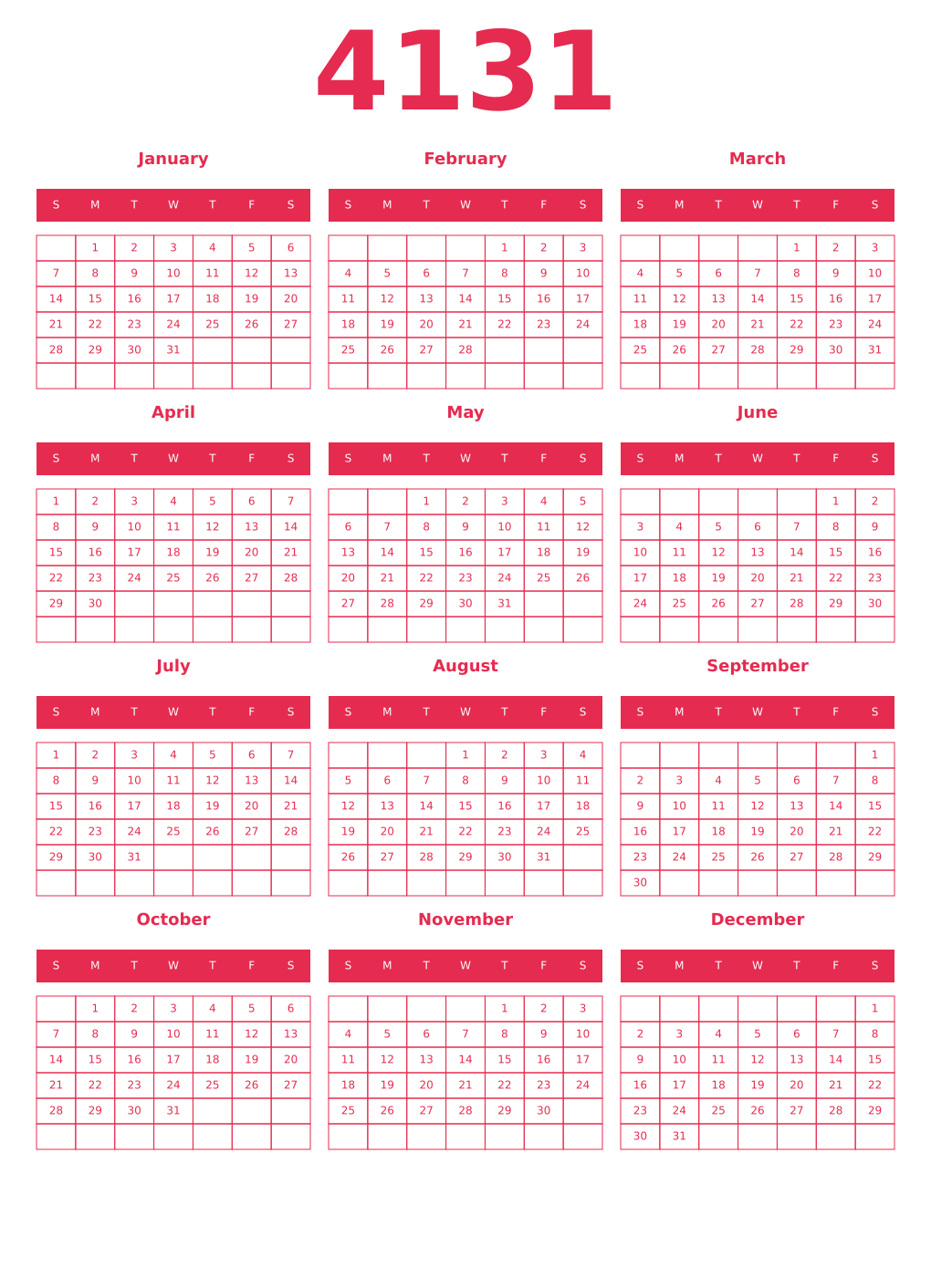 Printable 4131 Year Calendars amaranth