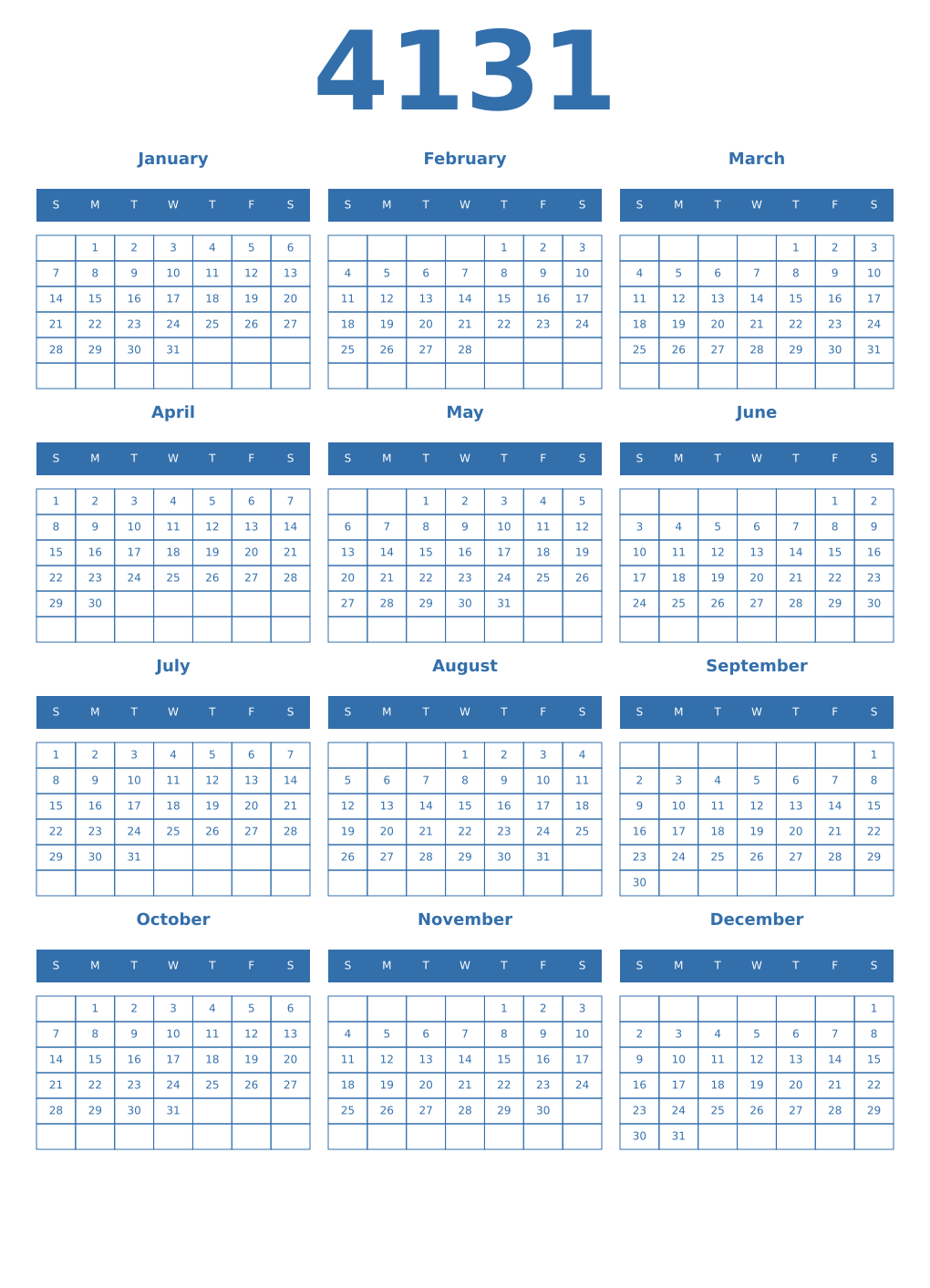 Printable 4131 Year Calendars blue