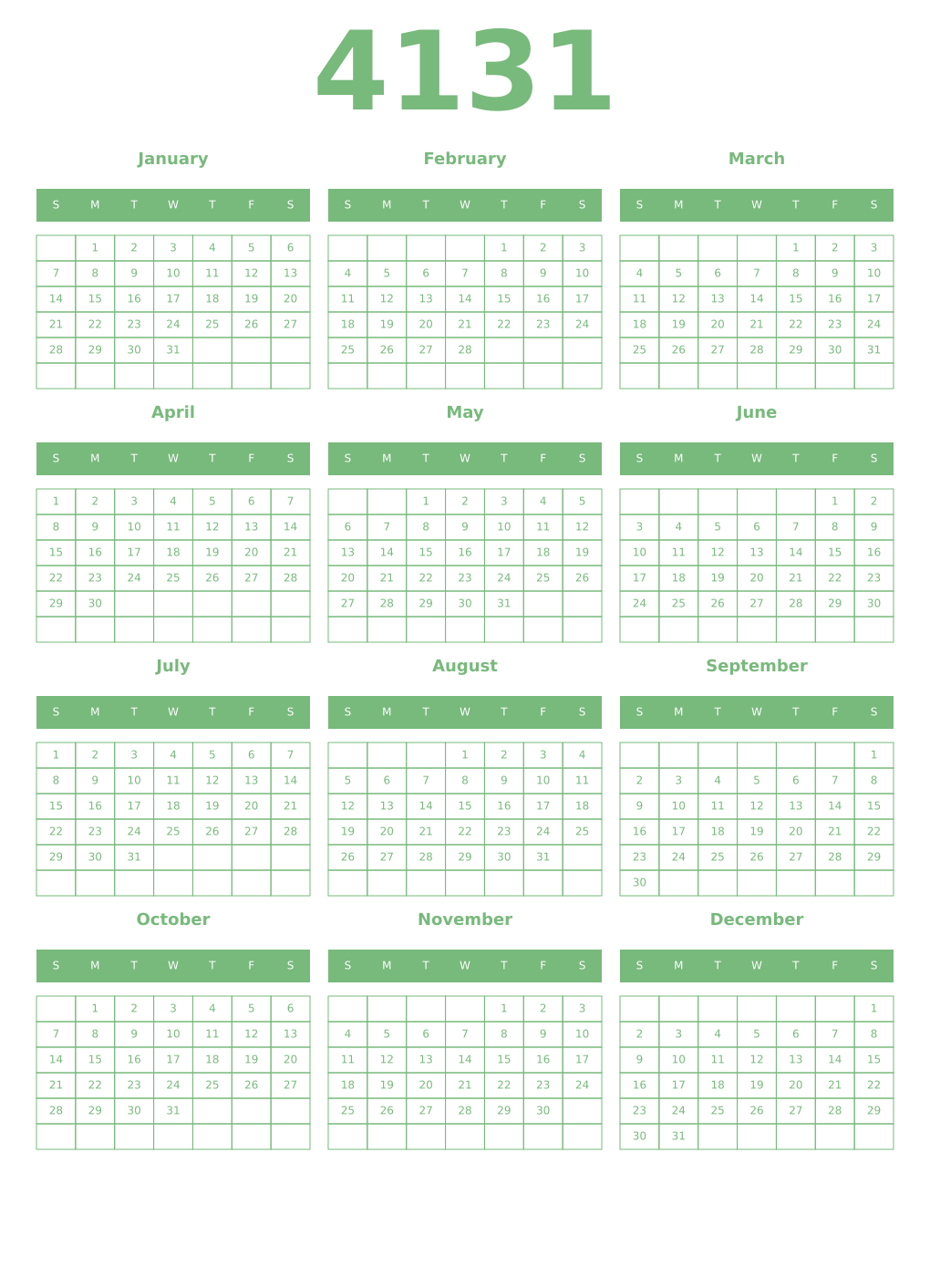 Printable 4131 Year Calendars celadon