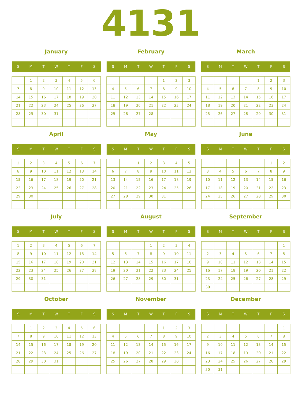 Printable 4131 Year Calendars chartreuse