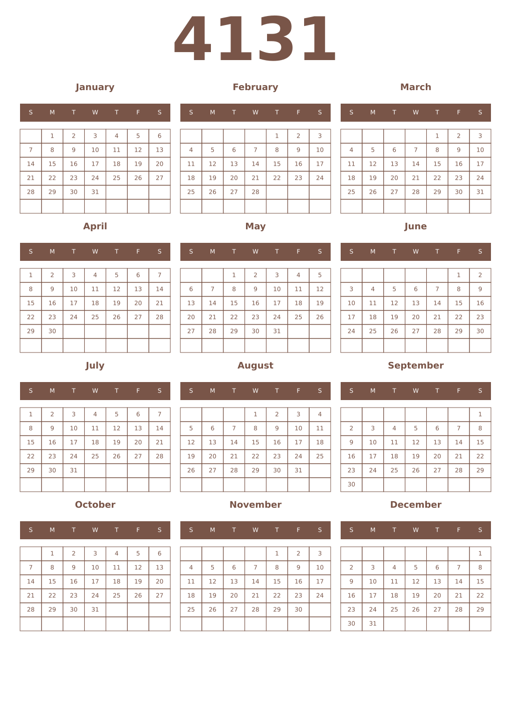 Printable 4131 Year Calendars coffe