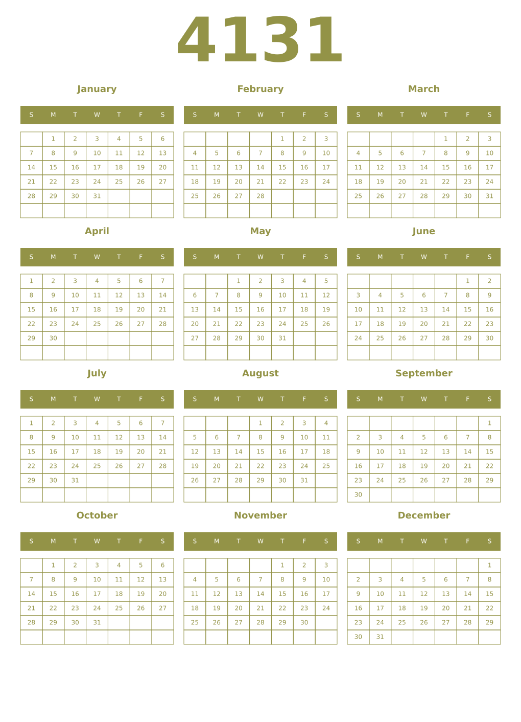 Printable 4131 Year Calendars eburnean