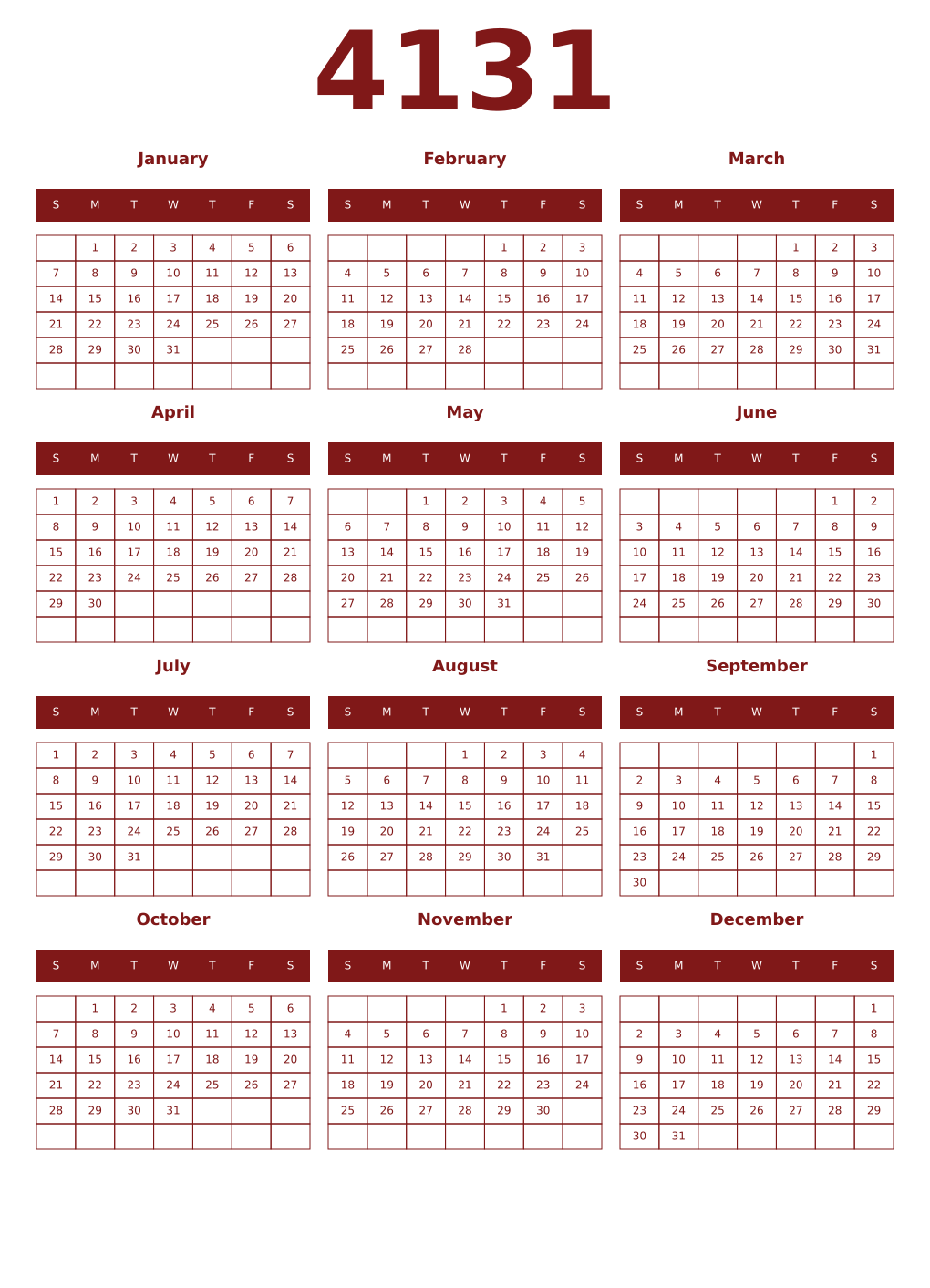 Printable 4131 Year Calendars falu