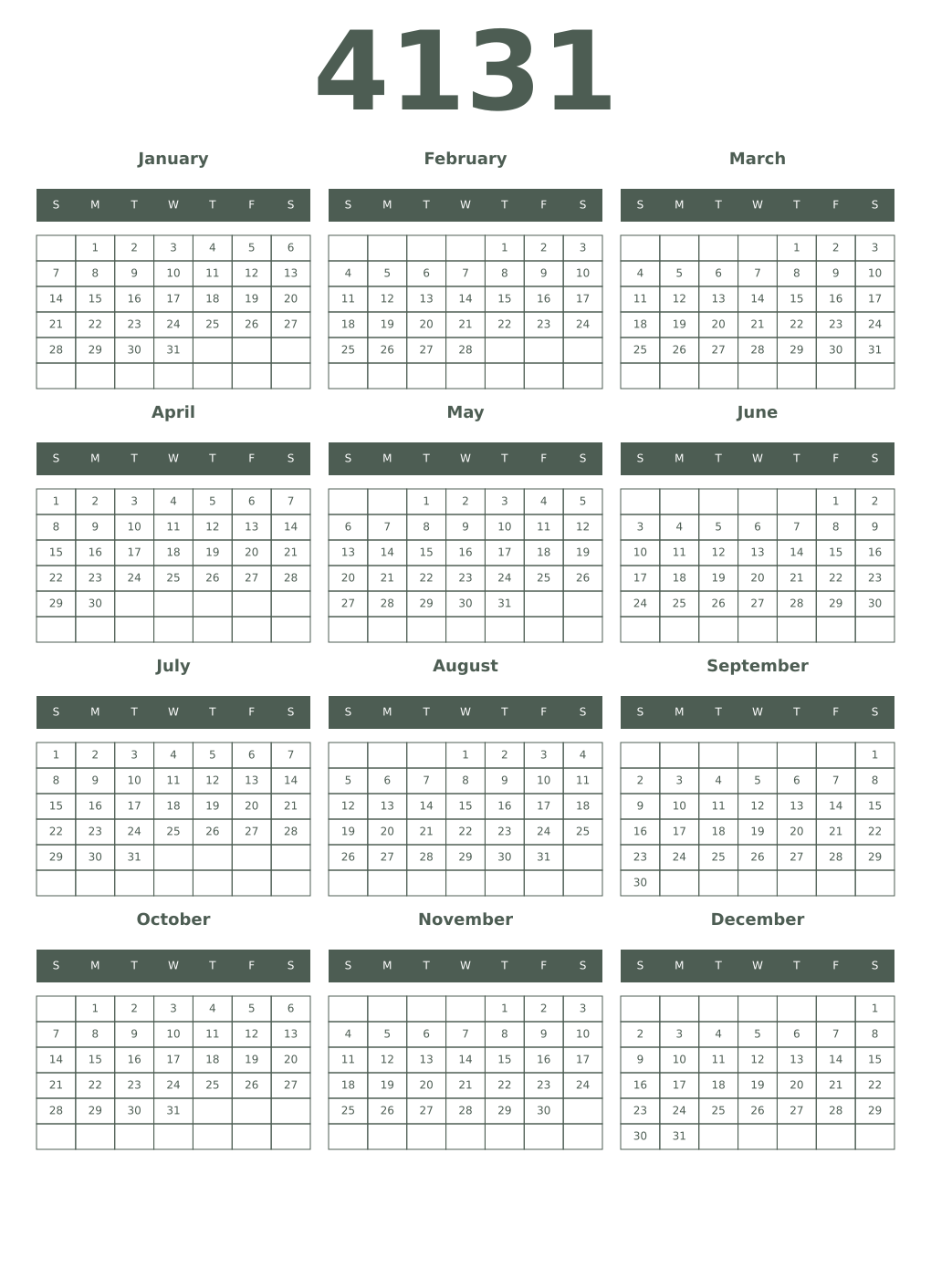 Printable 4131 Year Calendars feldgrau