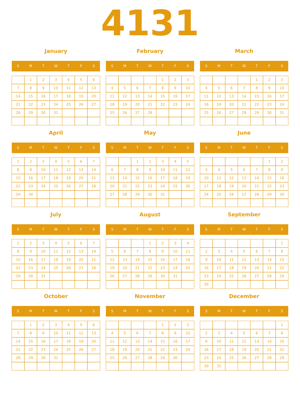 Printable 4131 Year Calendars gamboge
