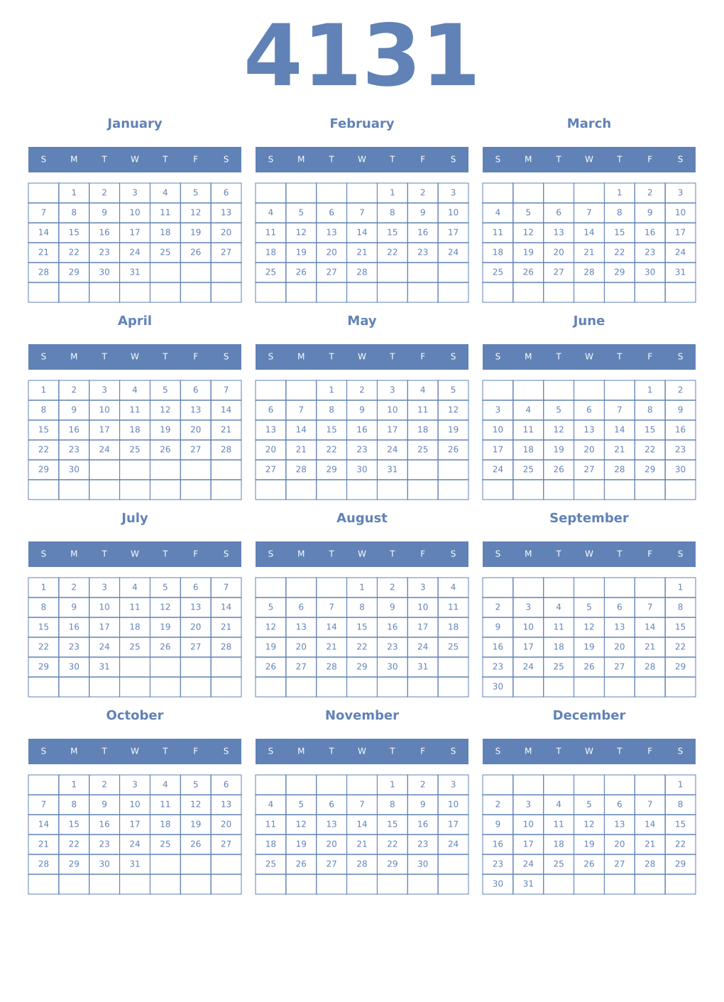 Printable 4131 Year Calendars glaucous