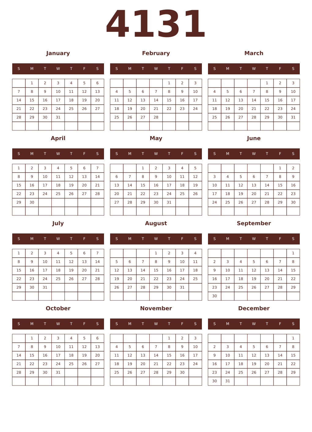 Printable 4131 Year Calendars mortuum