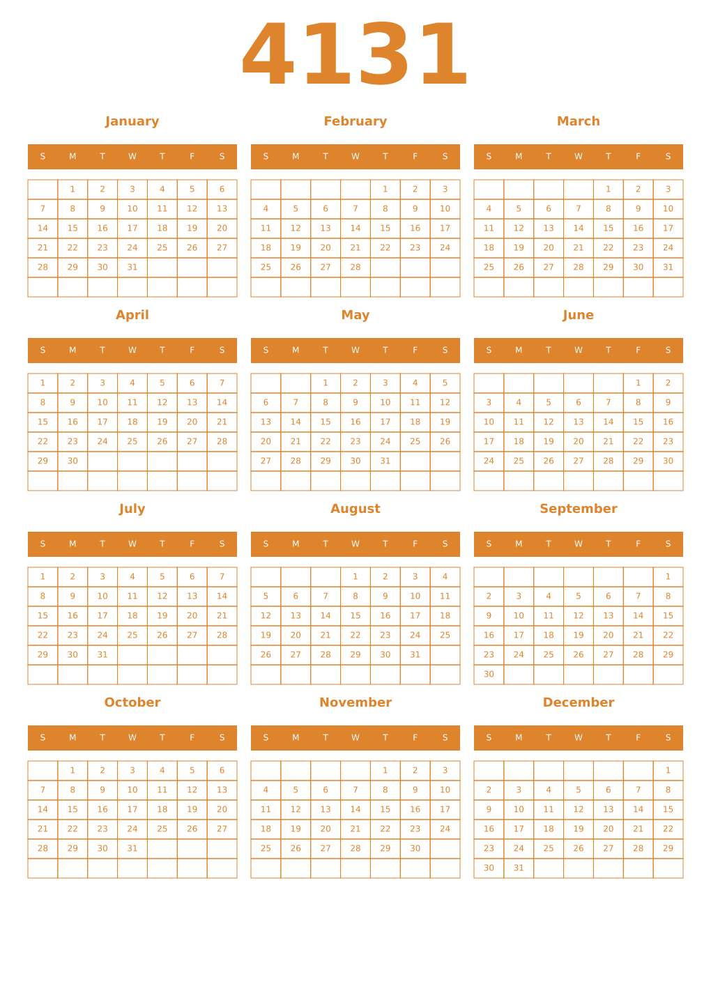 Printable 4131 Year Calendars orange