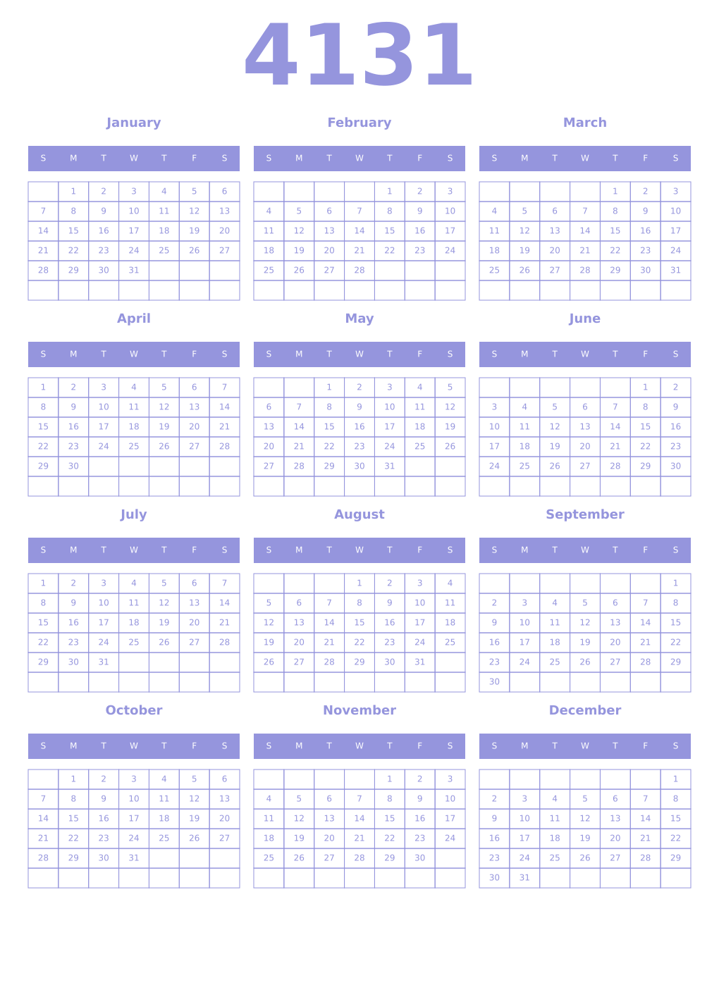 Printable 4131 Year Calendars periwinkle