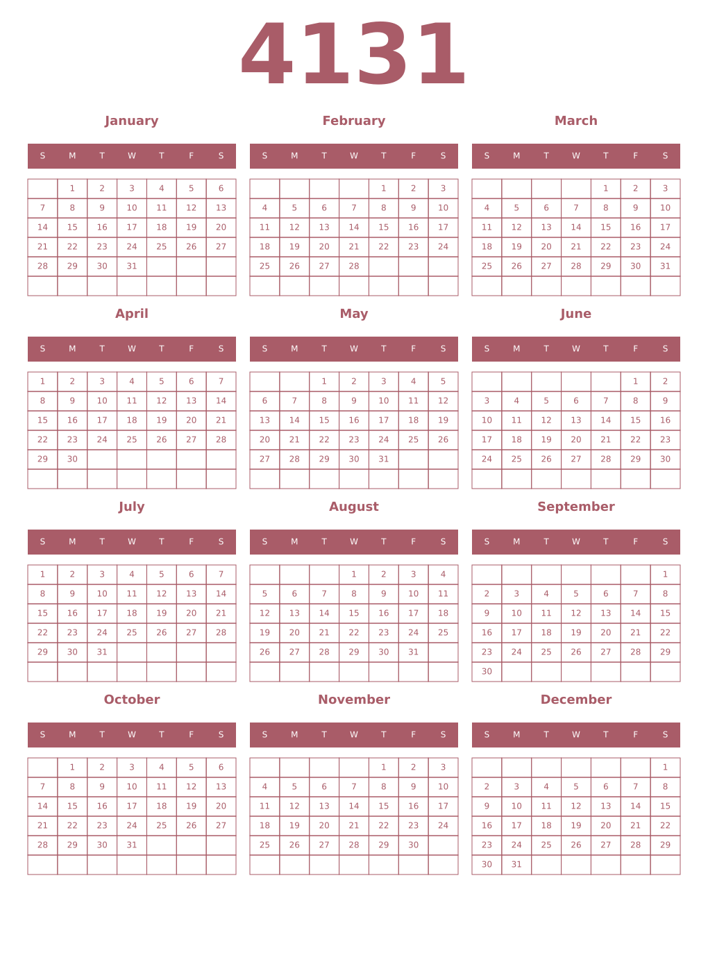 Printable 4131 Year Calendars puce