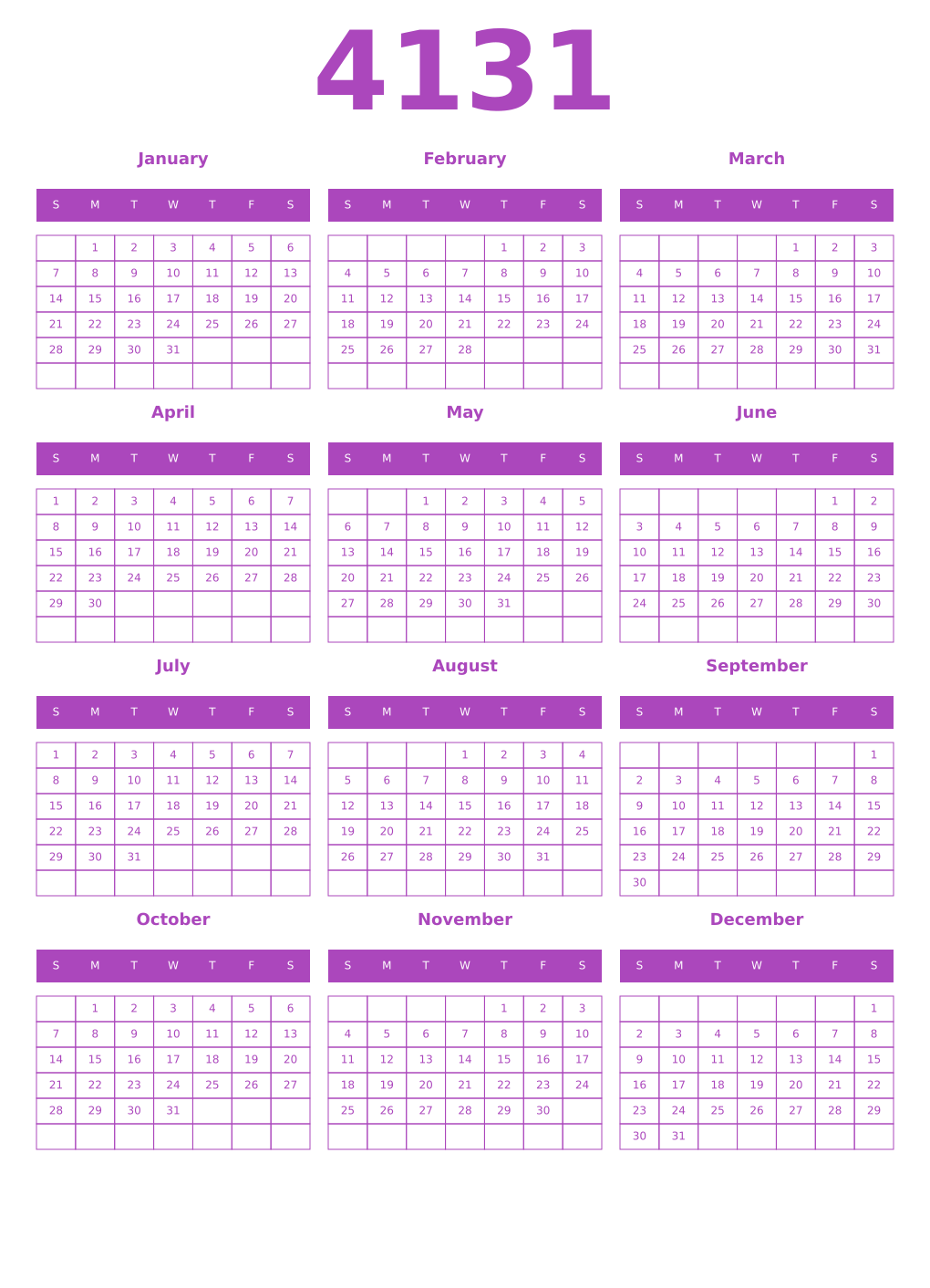 Printable 4131 Year Calendars purple