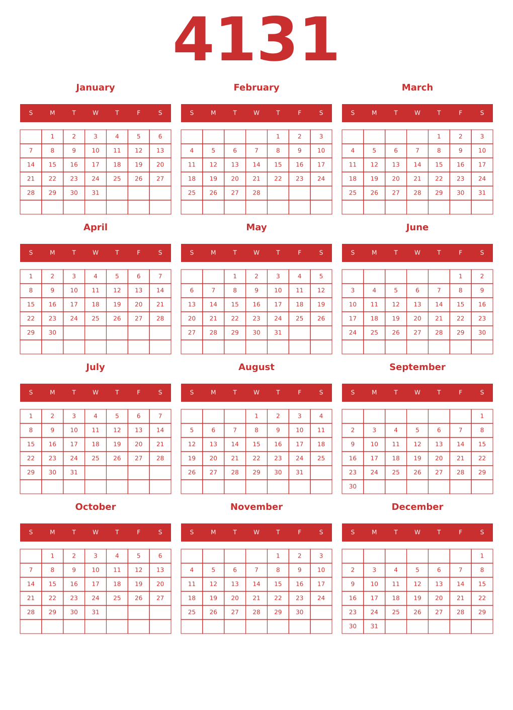 Printable 4131 Year Calendars red