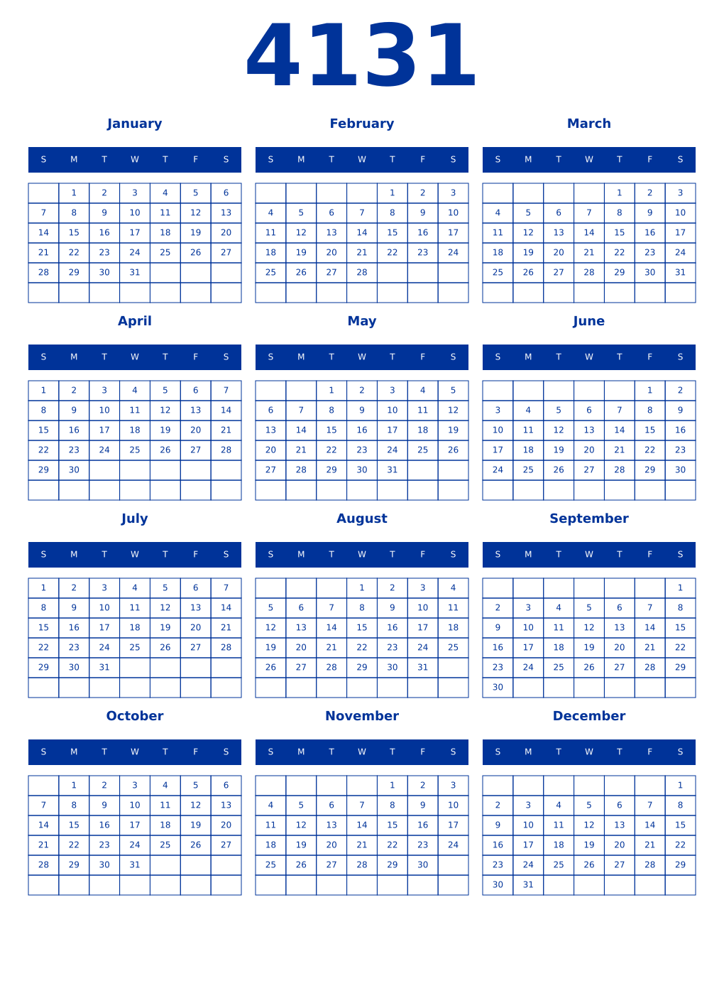 Printable 4131 Year Calendars smalt