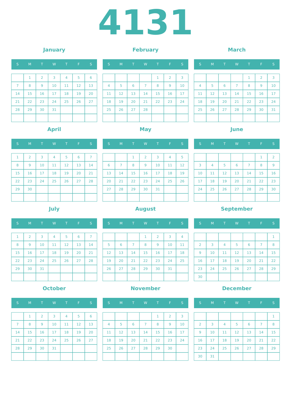 Printable 4131 Year Calendars verdigris
