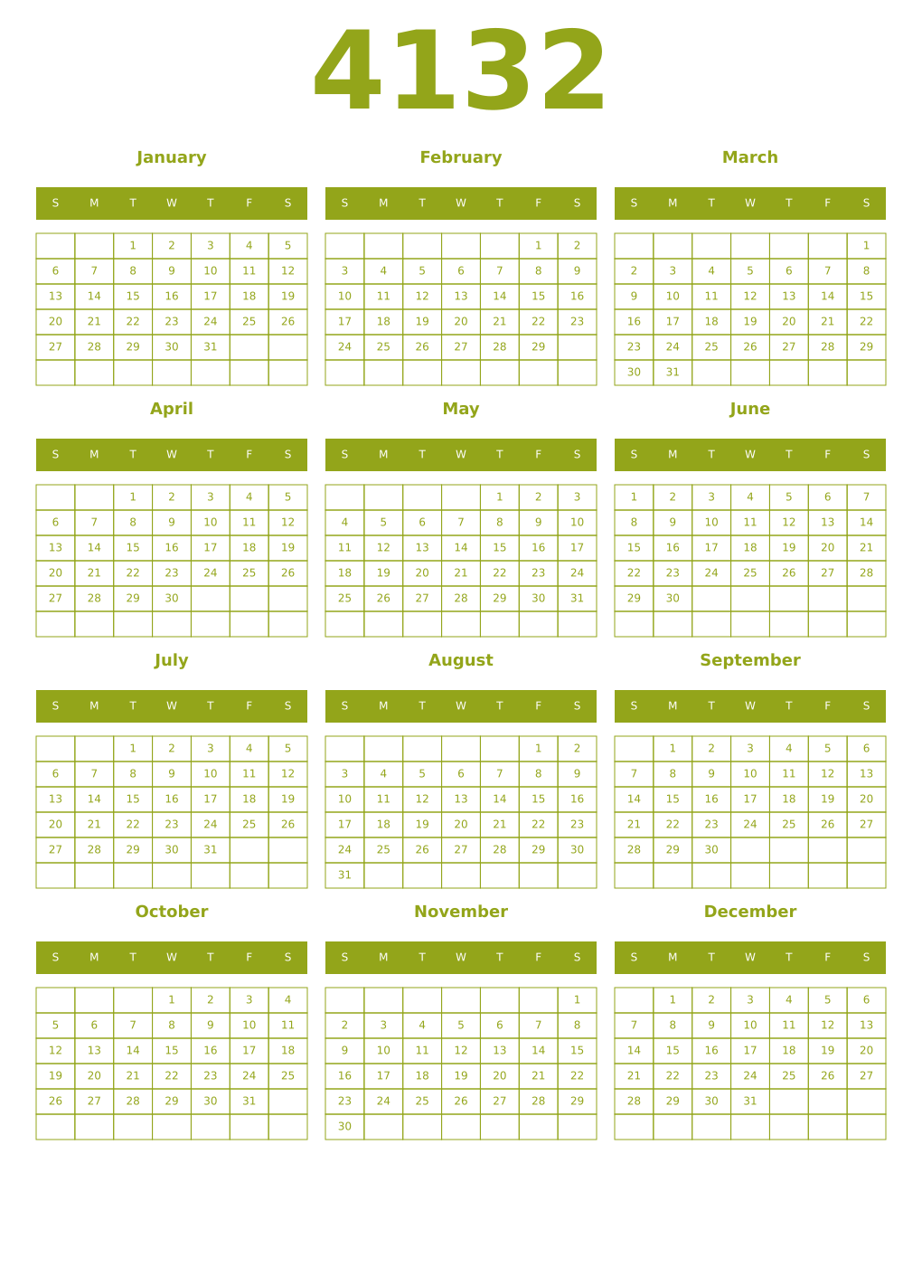 Printable 4132 Year Calendars chartreuse