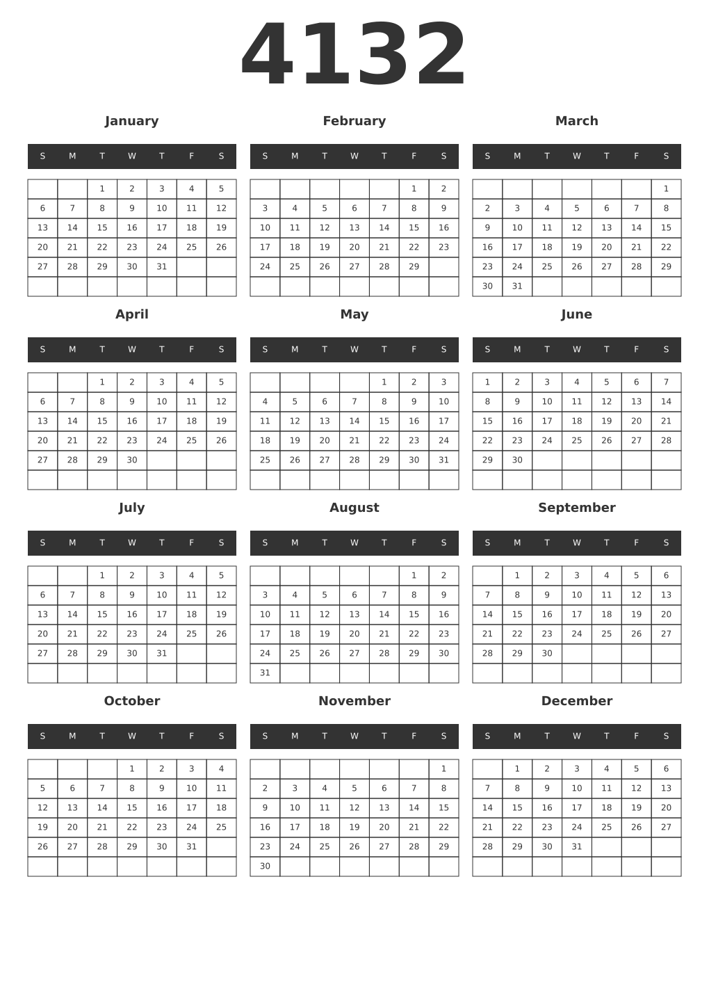 Printable 4132 Year Calendars dark