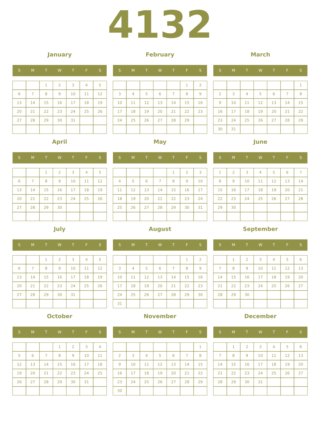 Printable 4132 Year Calendars eburnean
