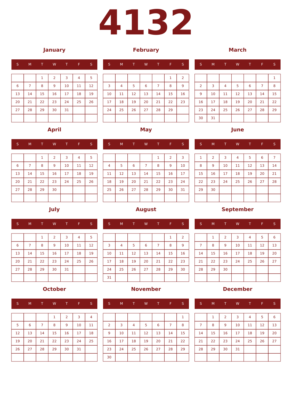 Printable 4132 Year Calendars falu