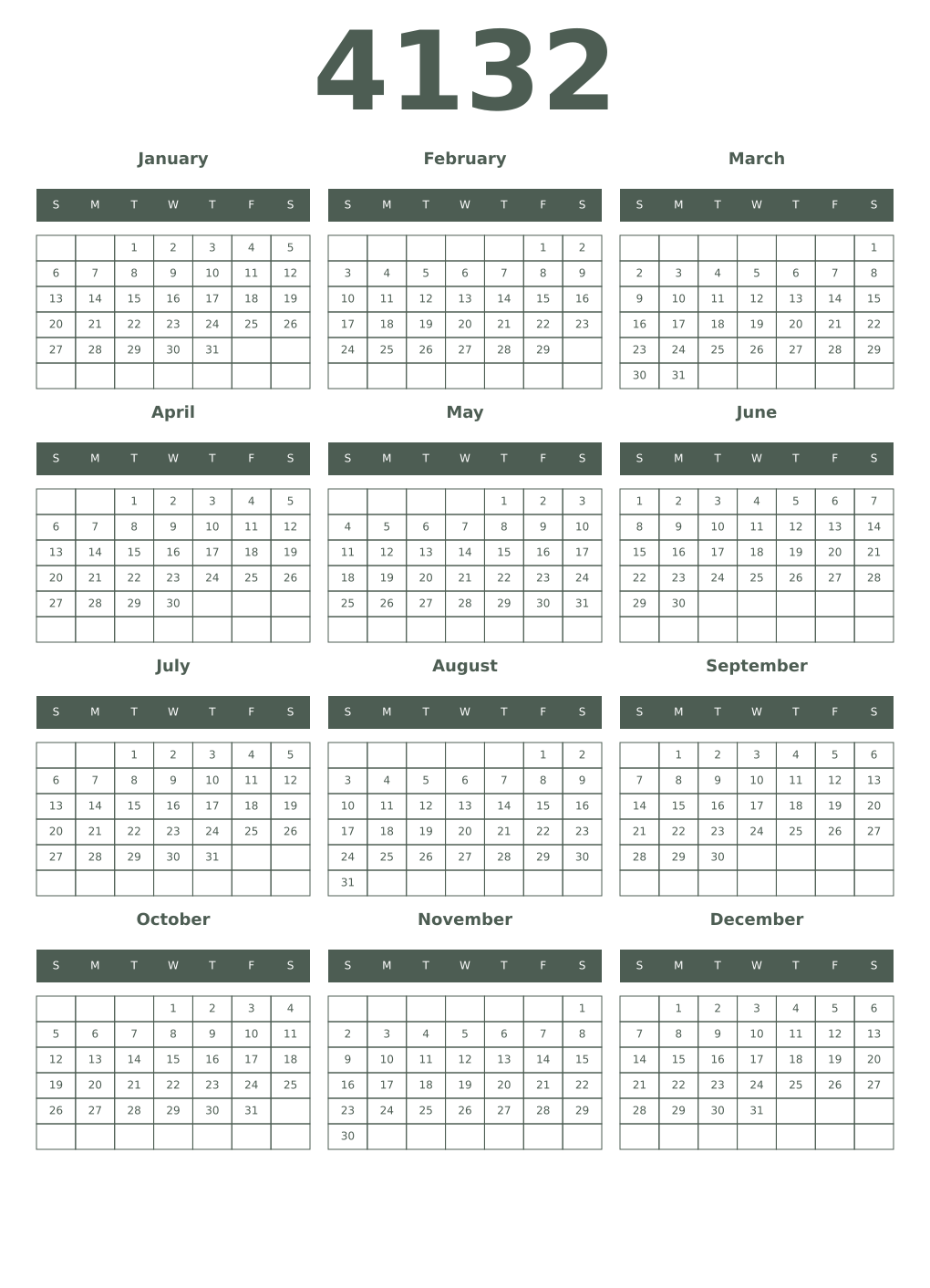 Printable 4132 Year Calendars feldgrau