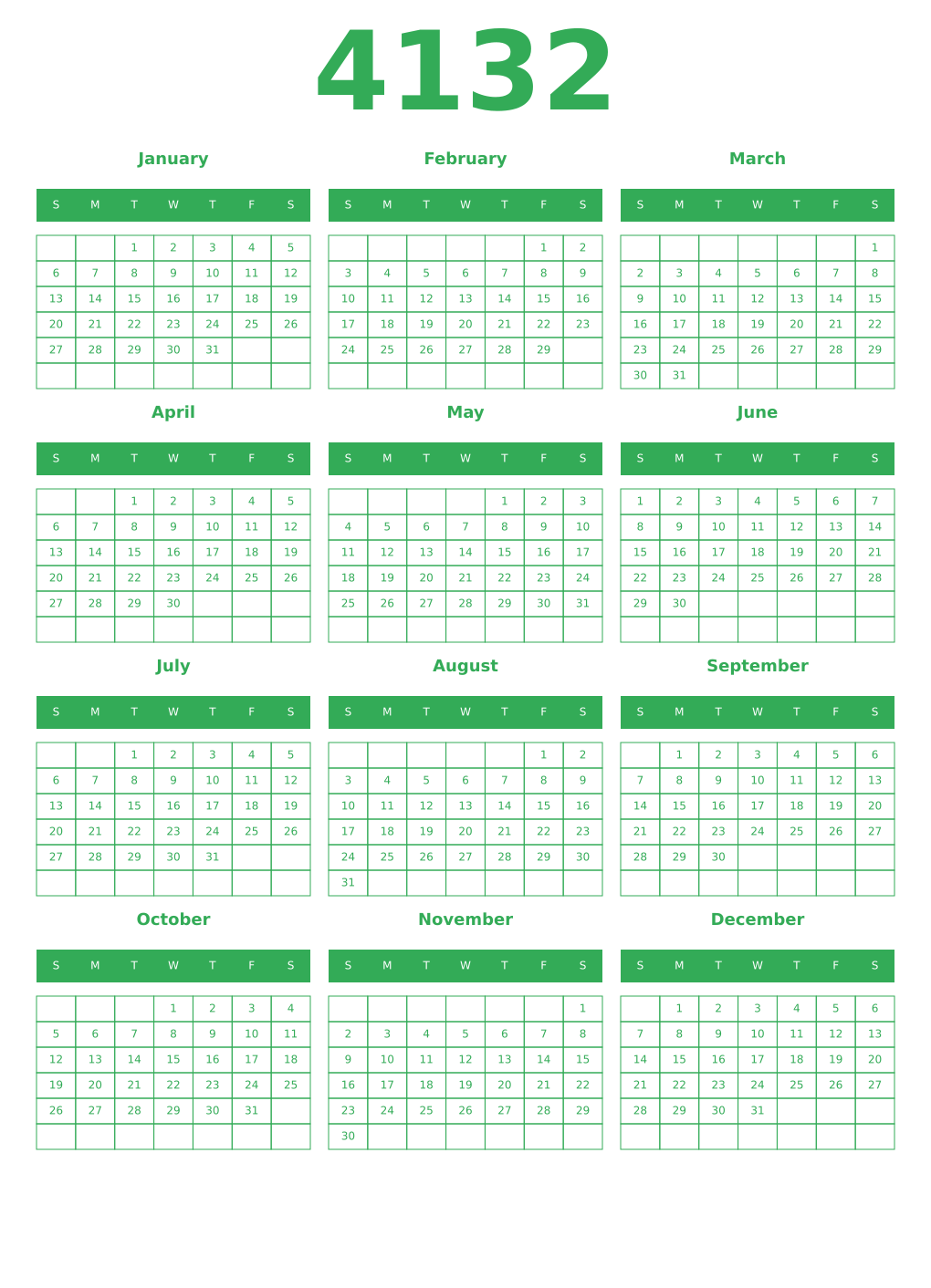 Printable 4132 Year Calendars green