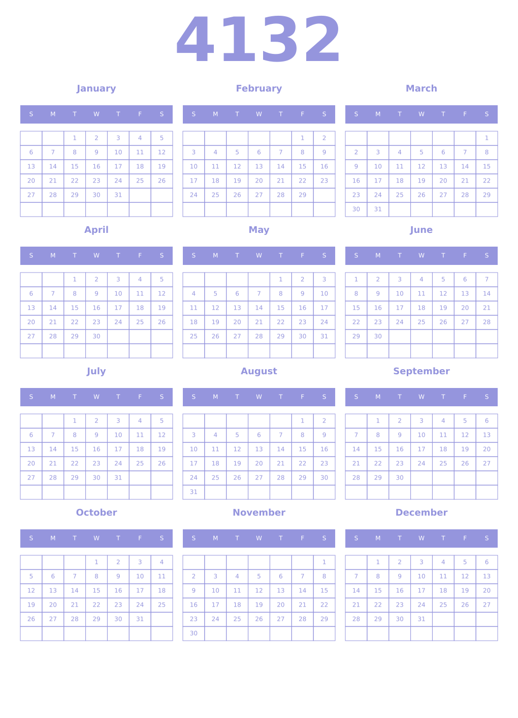 Printable 4132 Year Calendars periwinkle