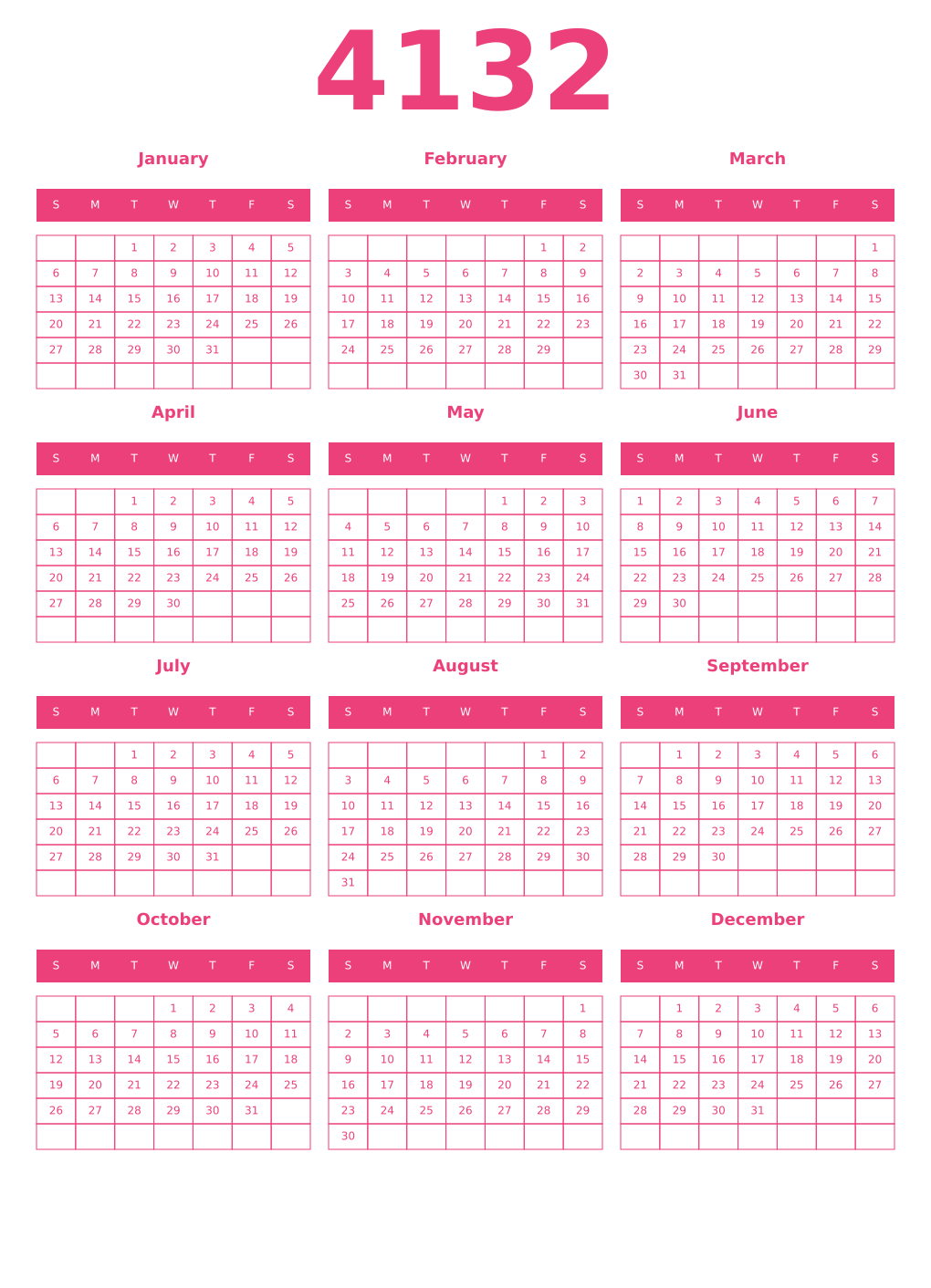 Printable 4132 Year Calendars pink