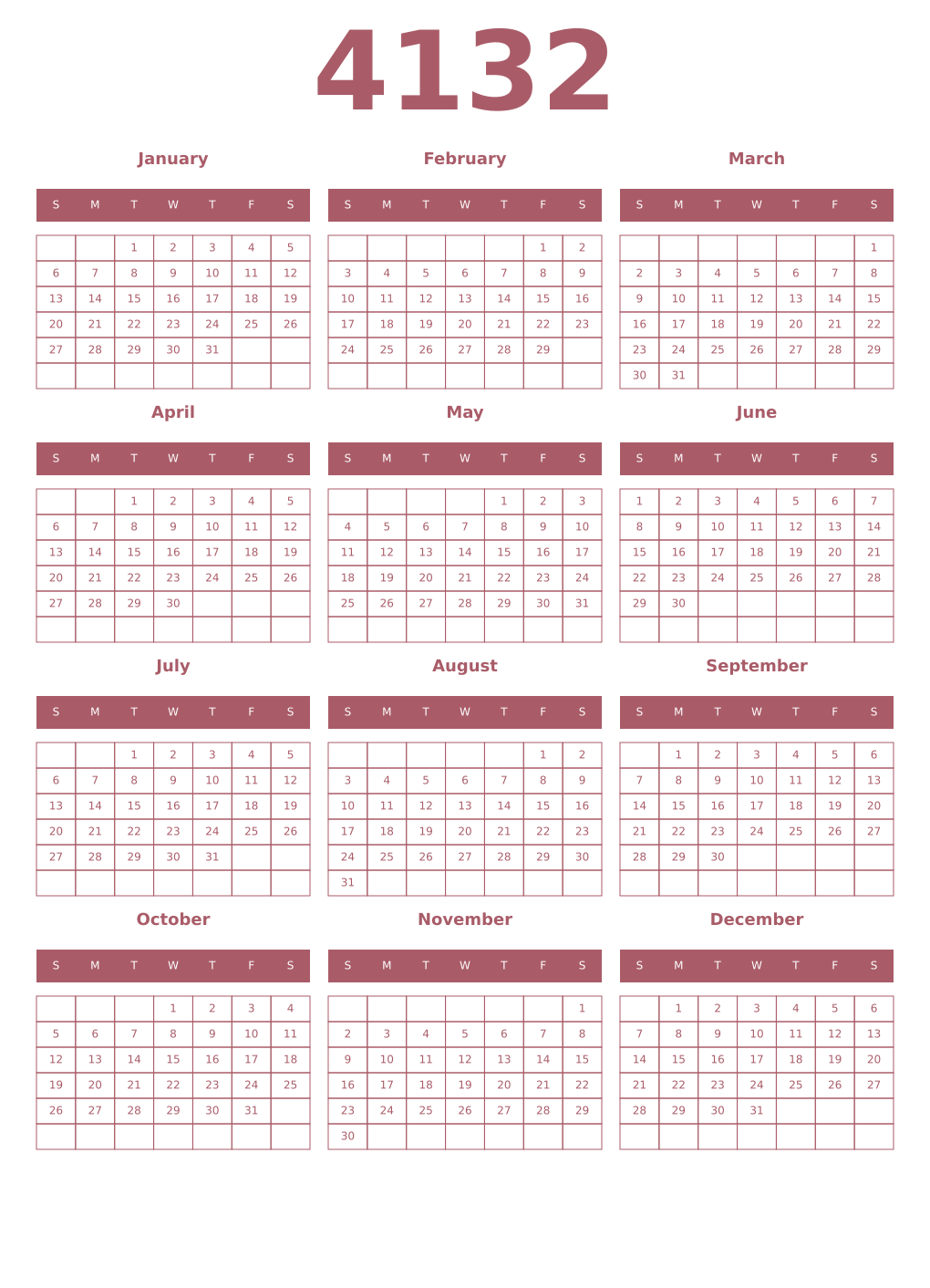 Printable 4132 Year Calendars puce