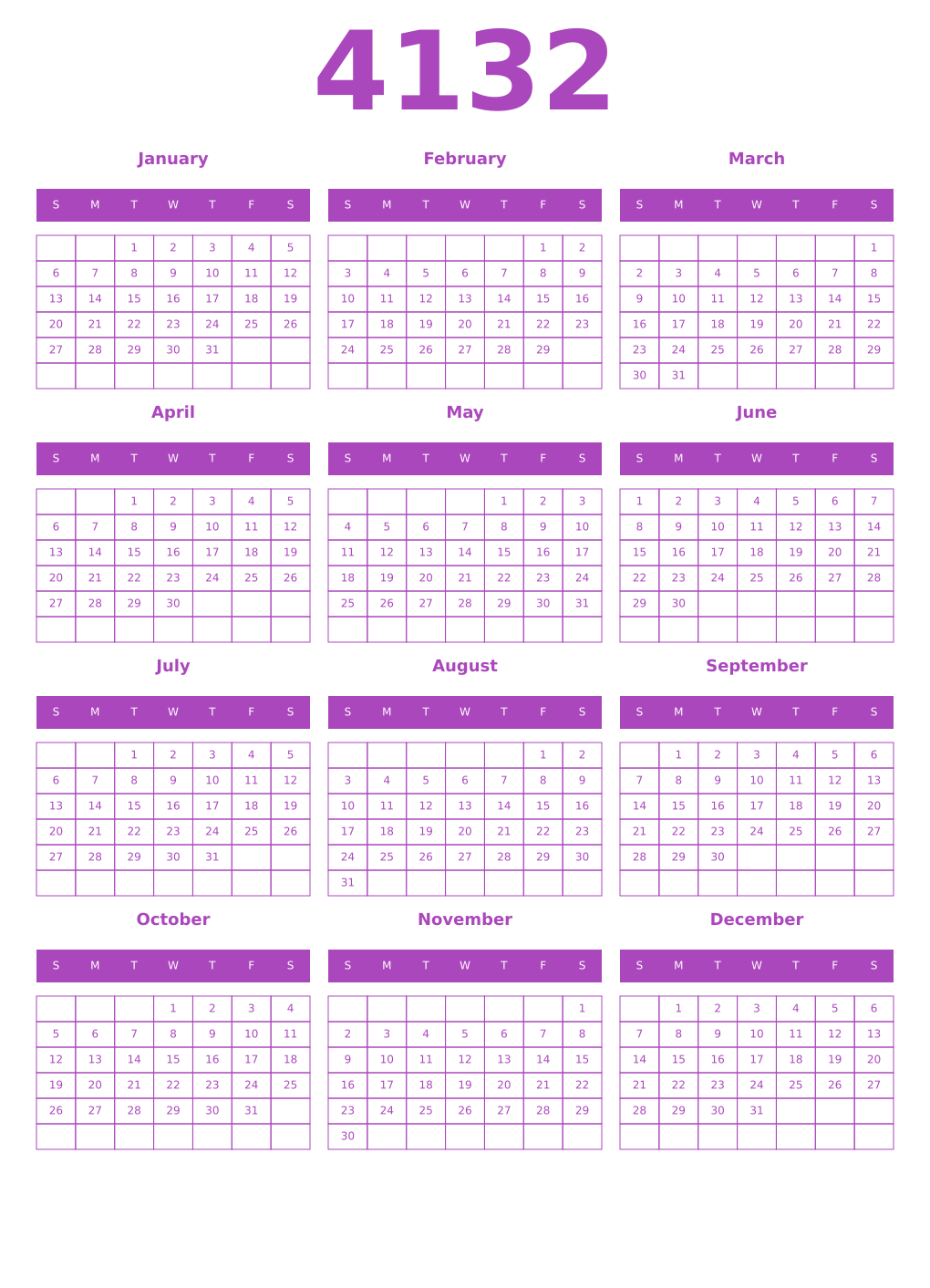 Printable 4132 Year Calendars purple