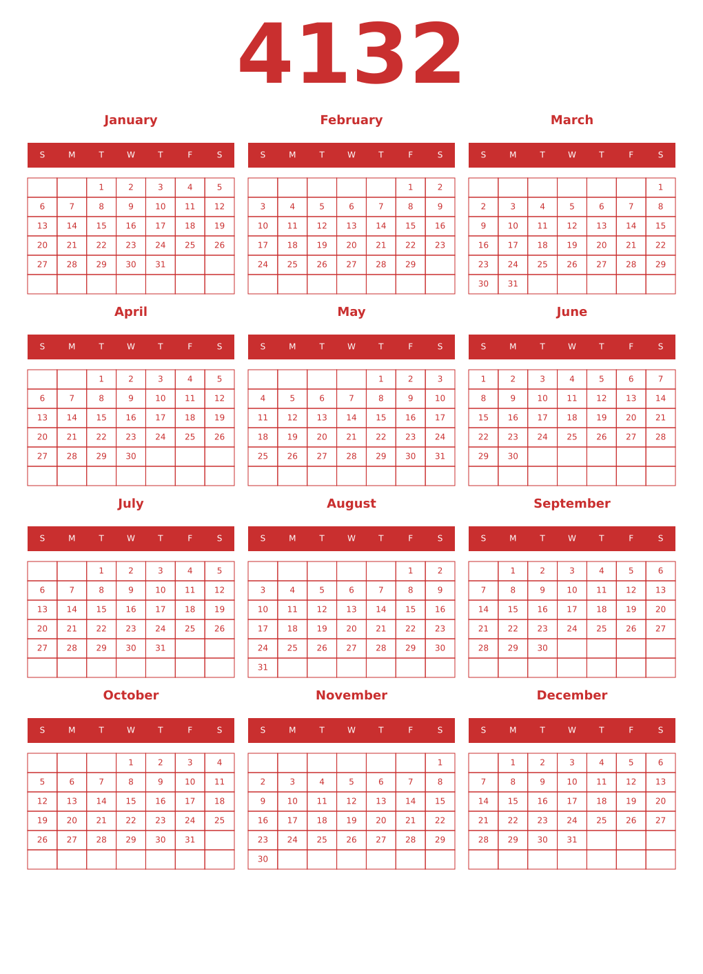 Printable 4132 Year Calendars red