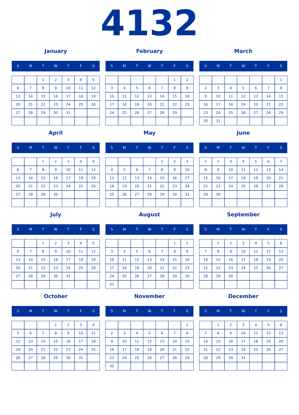 Printable 4132 Year Calendars smalt