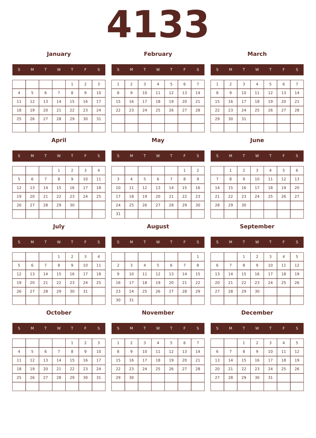 Printable 4133 Year Calendars mortuum