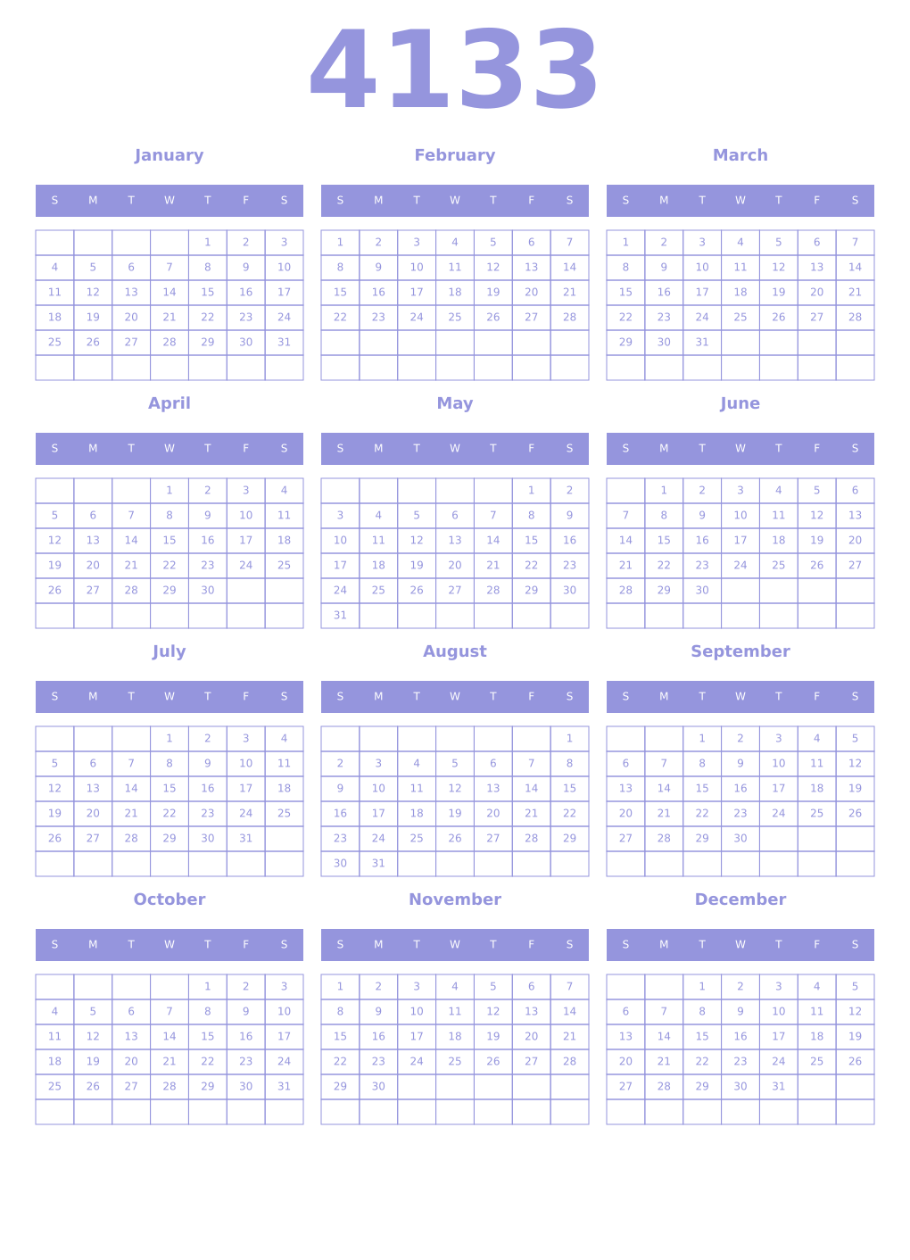 Printable 4133 Year Calendars periwinkle