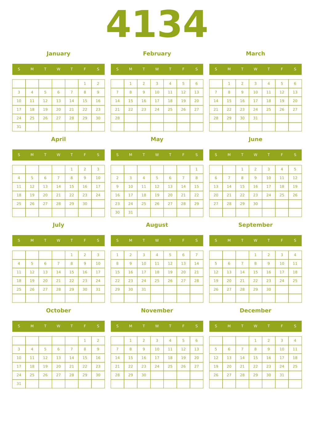 Printable 4134 Year Calendars chartreuse