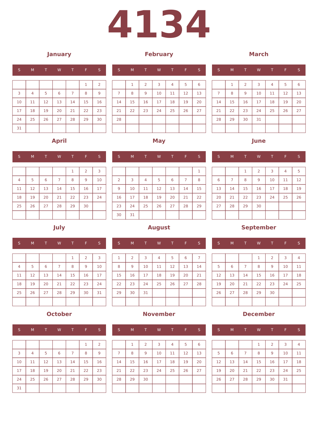 Printable 4134 Year Calendars cordovan