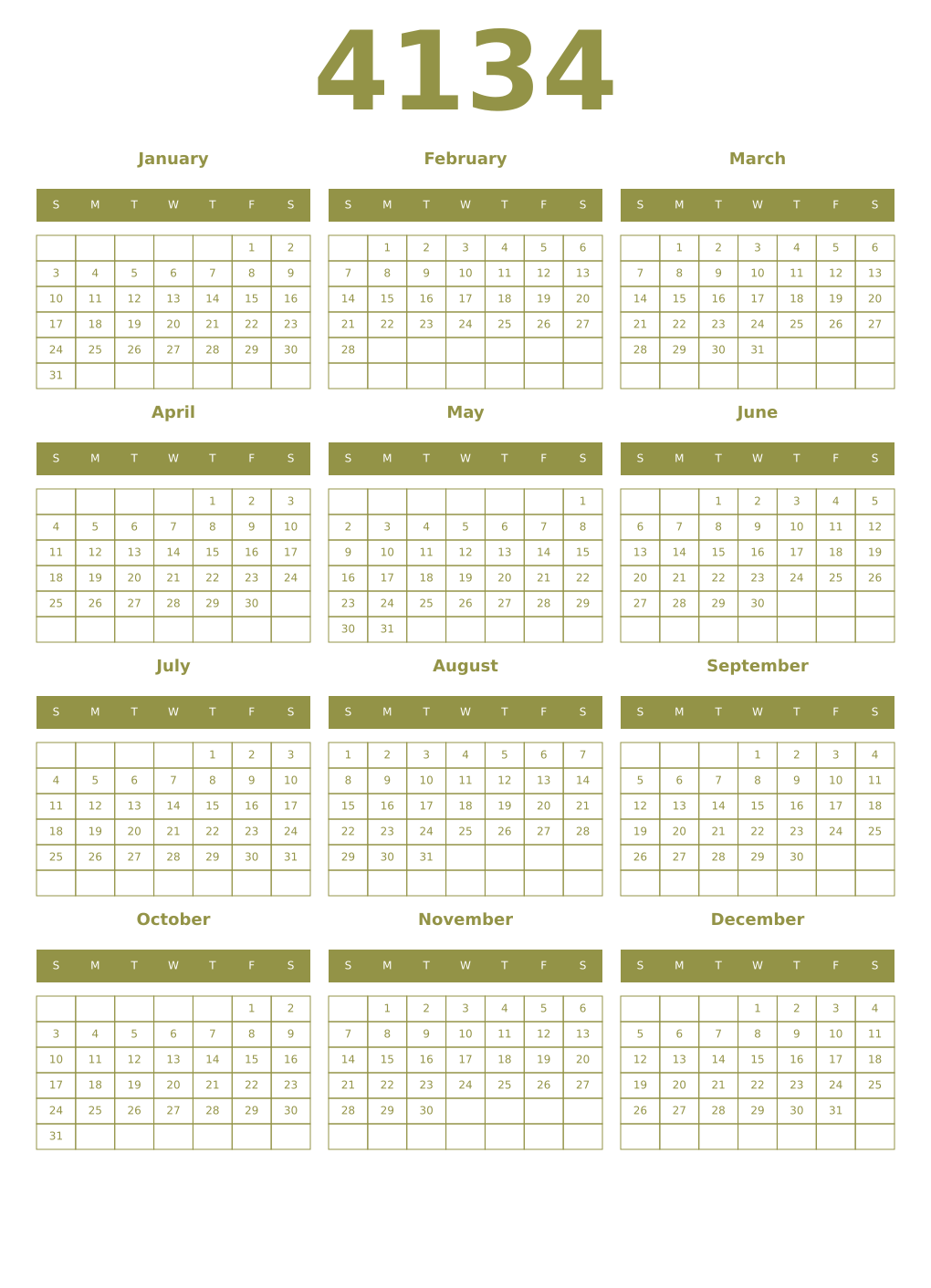 Printable 4134 Year Calendars eburnean