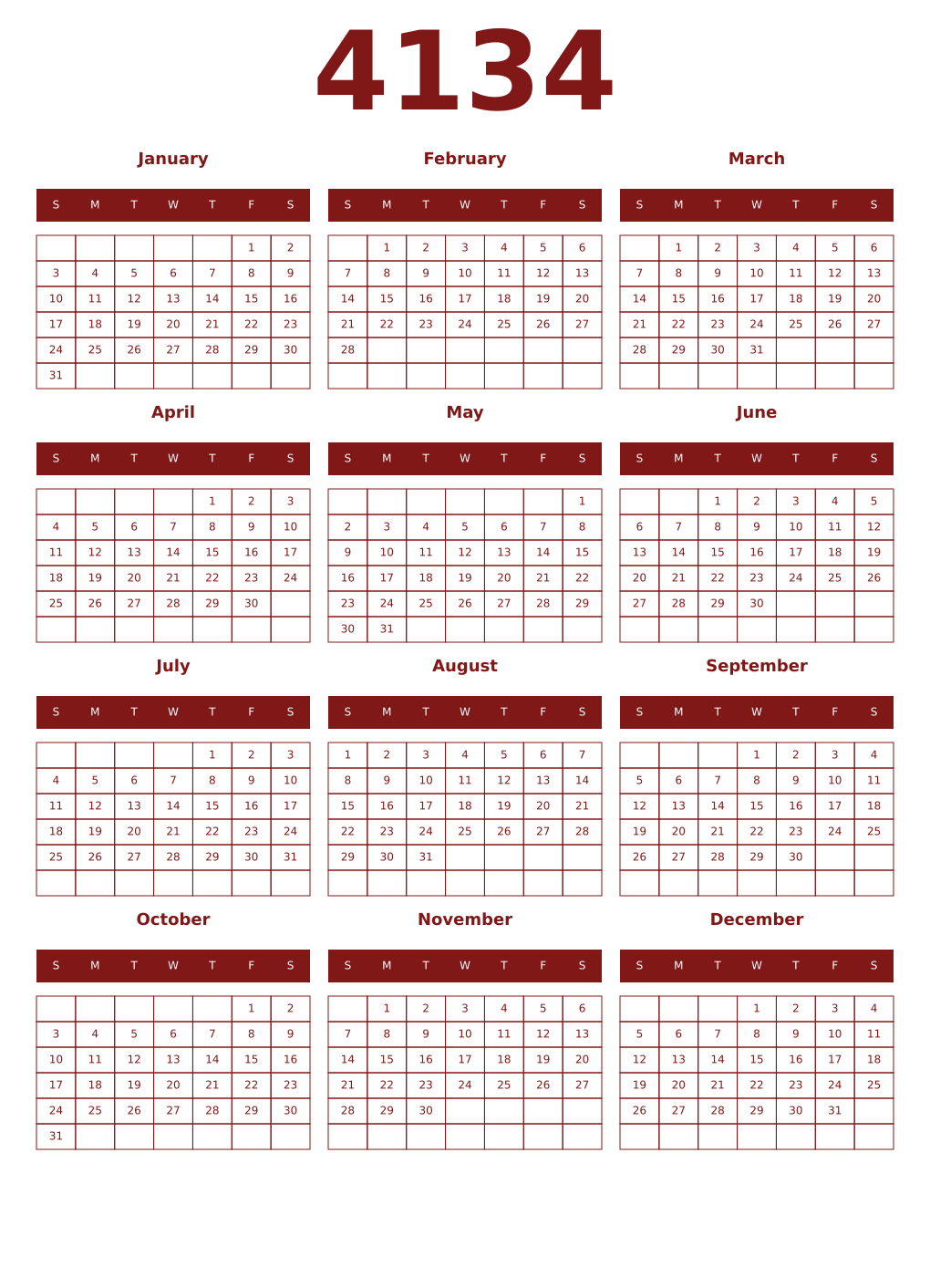 Printable 4134 Year Calendars falu