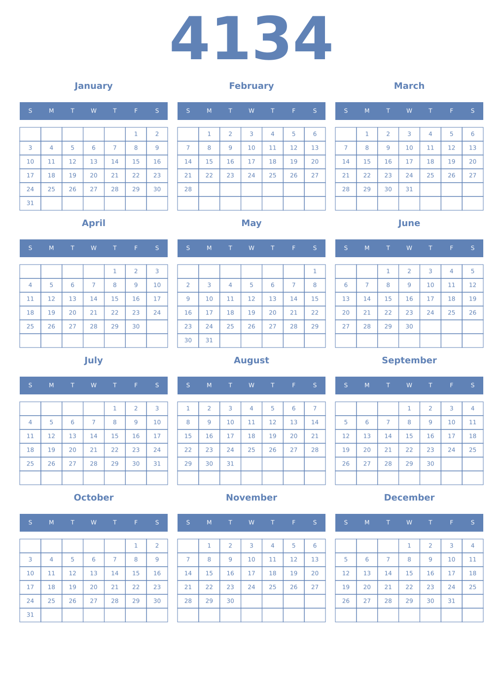 Printable 4134 Year Calendars glaucous