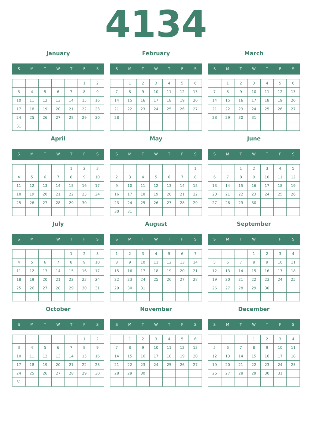 Printable 4134 Year Calendars viridian