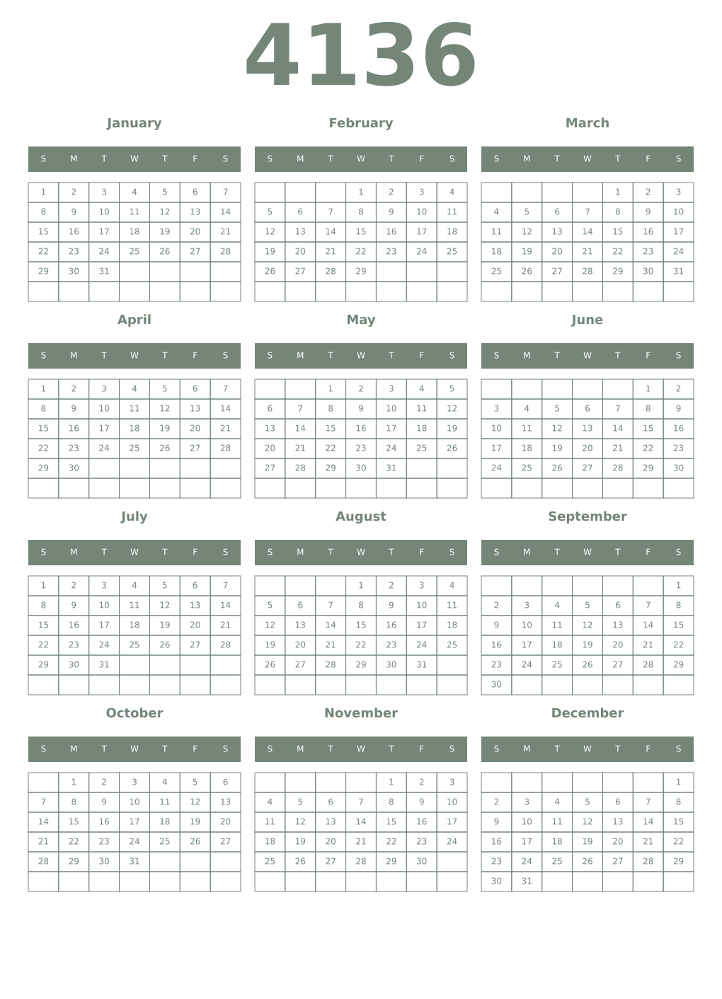 Printable 4136 Year Calendars xanadu